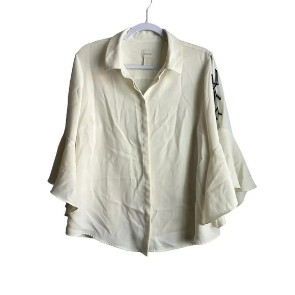 Chico's Lace Up Sleeve Top Women's 2/L Cream Super Wide Bell Sleeves Boho - Picture 2 of 8